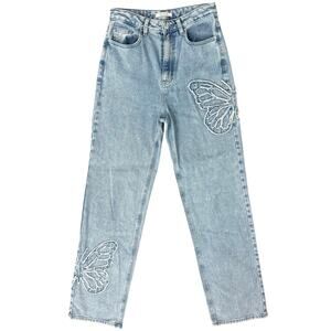 Pacsun 90s Butterfly Patch Light Wash Blue High Rise Straight Leg Jeans size 27